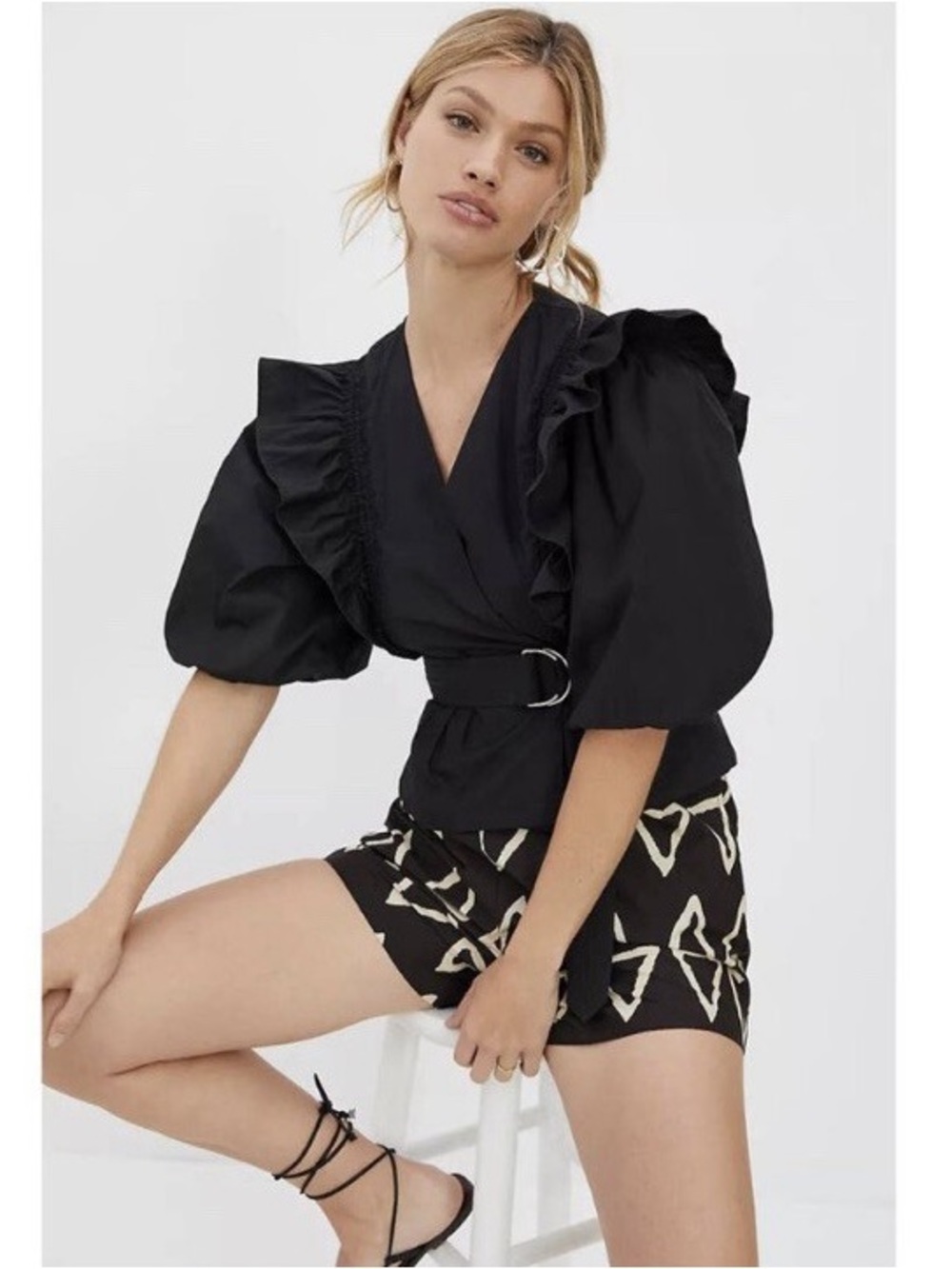 Anthropologie Magali Pascal Anna Puff Sleeve Belted Wrap Blouse Black Medium